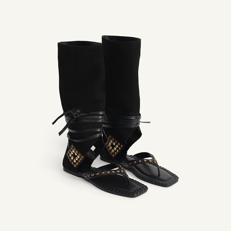 Leatherwork Rivets - Summer Flat with Gladiator Sandals Women