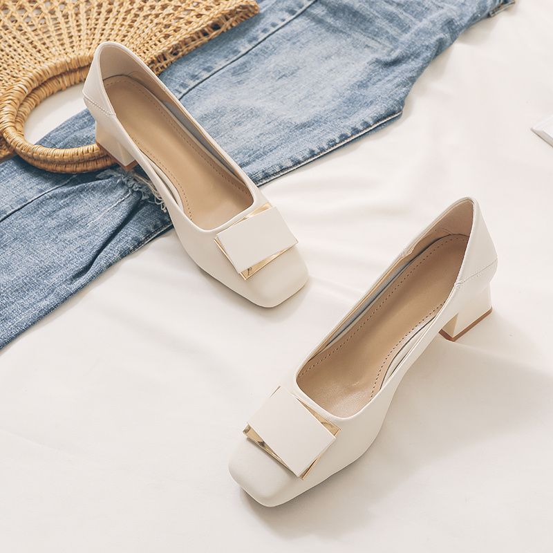 French Style Chunky Heel Pumps - Leather Work Women Shoes recension och pris