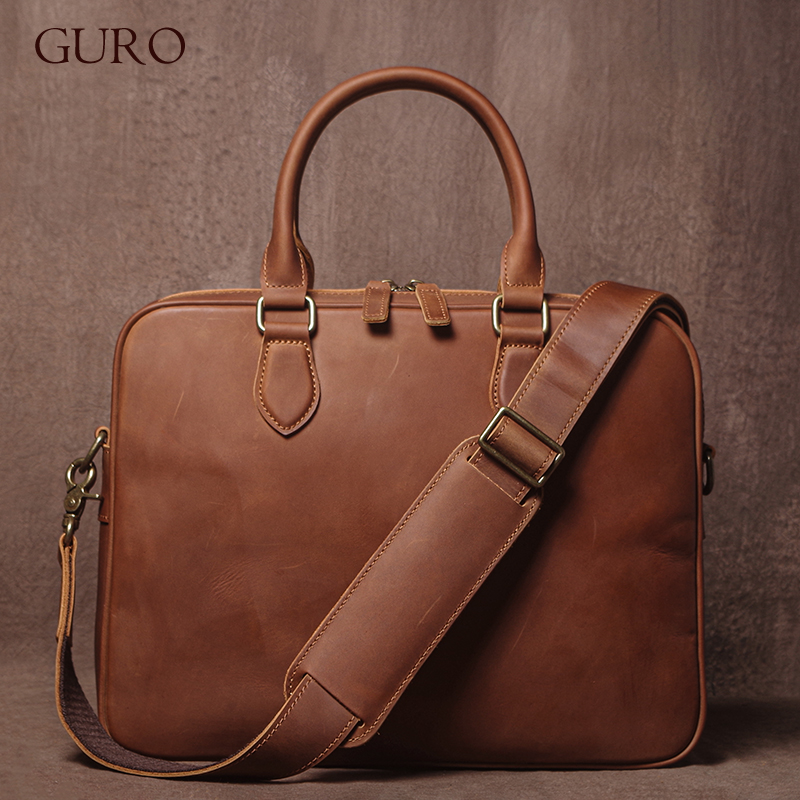 GURO Men Crazy Horse Cowhide B - Leather Work Handbags recension och pris
