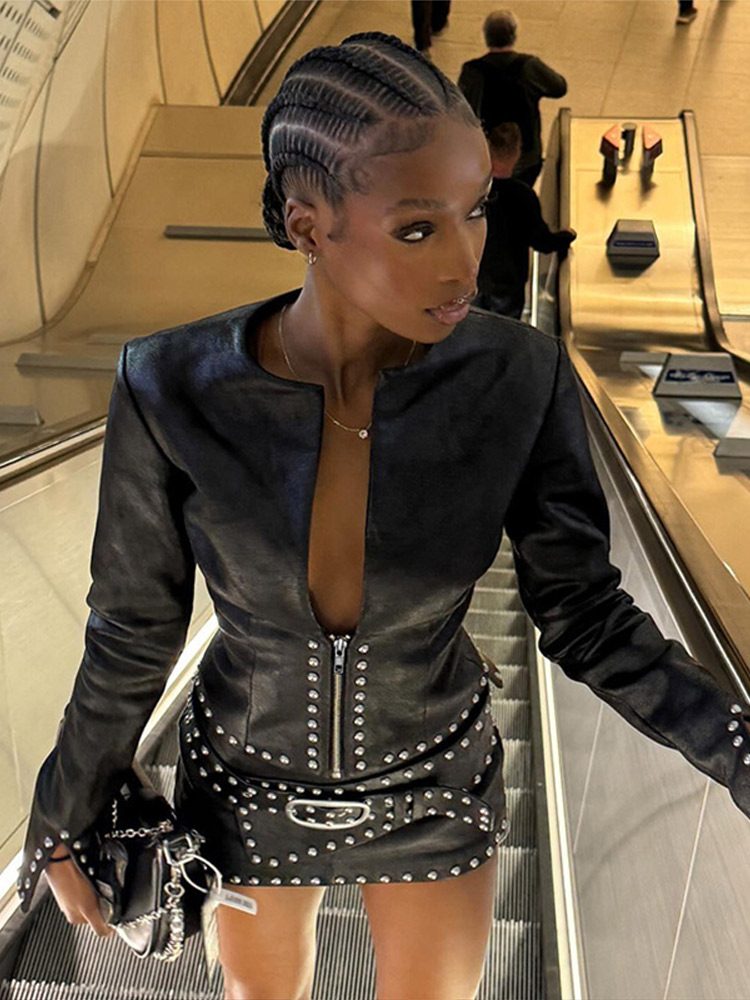 Y2k Leather Skirt Set Women Ri - Leatherwork Rivets recension och pris