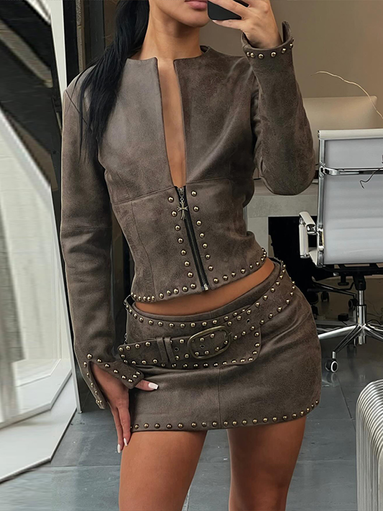 Y2k Leather Skirt Set Women Ri - Leatherwork Rivets recension och pris